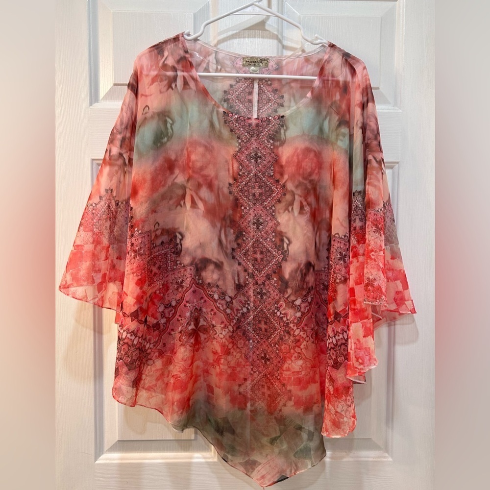 One World Pink Chiffon‎ Poncho Blouse Size XXL Embellished Fairy Whimsy Cottage